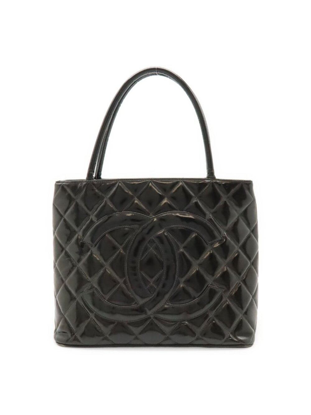 Chanel Quilted CC Logo Reissue Tote Shoulder Bag Patent Leather Black Gold